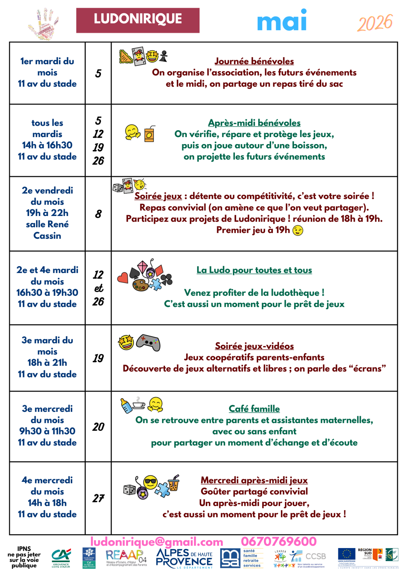 Mai 2026 programme ludonirique